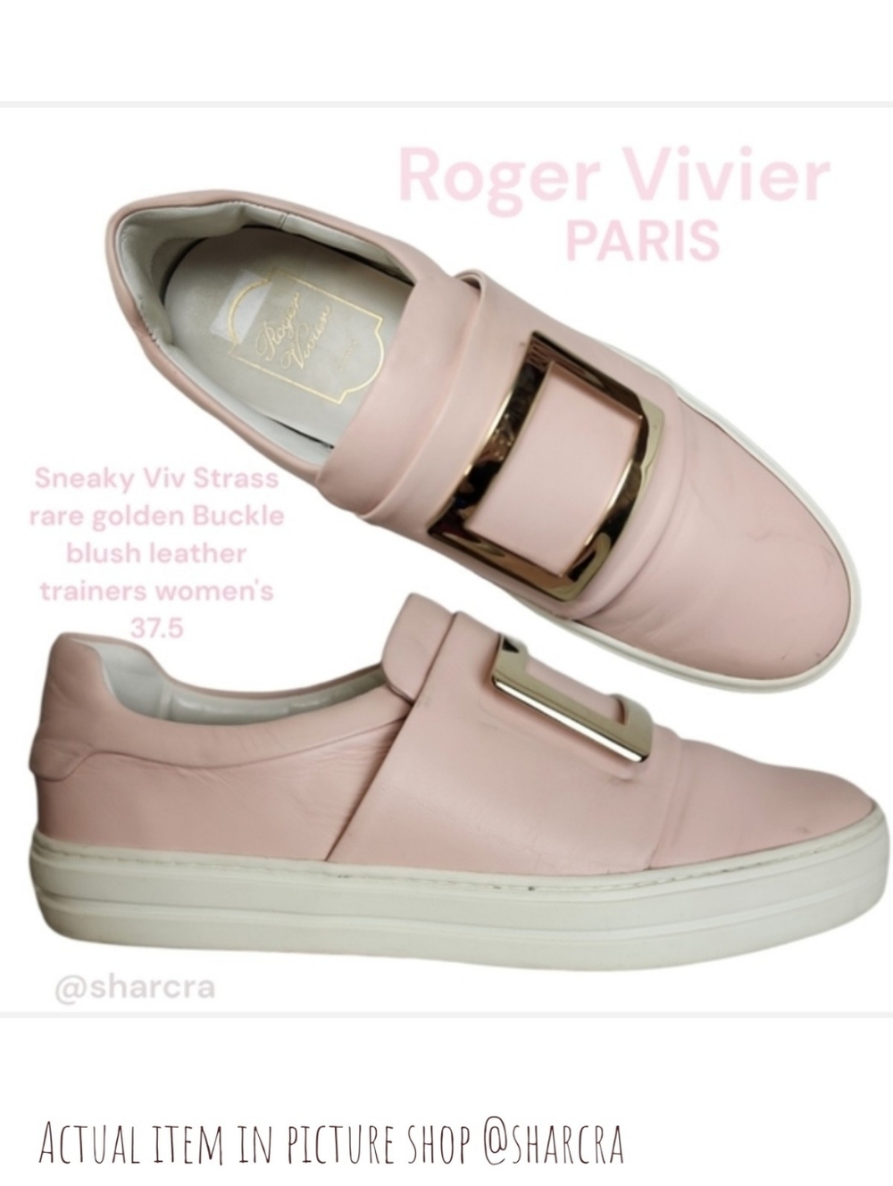 Roger Vivier Women Leather Sneaky Viv golden buckle blush pink slip on shoes 7.5